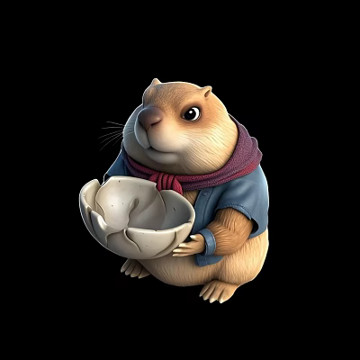 Cute Cartoon Groundhog Holding Broken Bowl Wearing Blue Coat And Purple Scarf 3d model