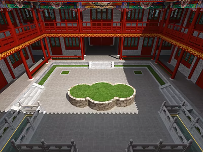 Ancient Chinese Architecture Courtyard With Red Structures Decorative Eaves And Central Grass Patch 3d model