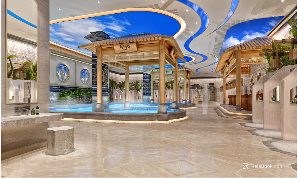Luxurious SPA Sauna Interior With Wooden Pavilions Hot Spring Pool And Blue Sky Ceiling 3d model 