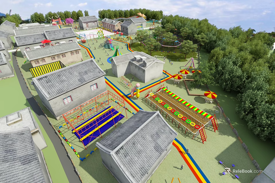 Outdoor Playground Equipment In Traditional Village With Colorful Slides Climbing Frames And Trees 3d model 