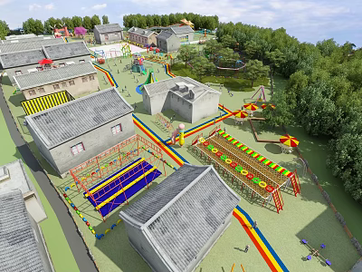 Outdoor Playground Equipment In Traditional Village With Colorful Slides Climbing Frames And Trees 3d model