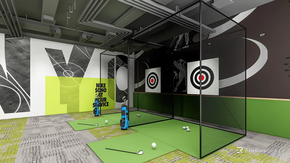 Indoor Golf Sports Equipment in Modern Practice Space with Targets Net and Golf Balls 3d model 