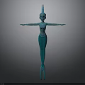Blue Humanoid Sculpture With Mermaid Fish Fin Feet Streamlined Body Antenna Head And Outstretched Arms
