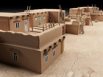 Traditional Adobe Houses With Wooden Scaffolding And Sandy Ground In Classic Design 3d model