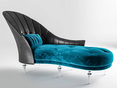 Elegant Blue Velvet Chaise Lounge With Shell Shaped Black Backrest And Transparent Legs 3d model