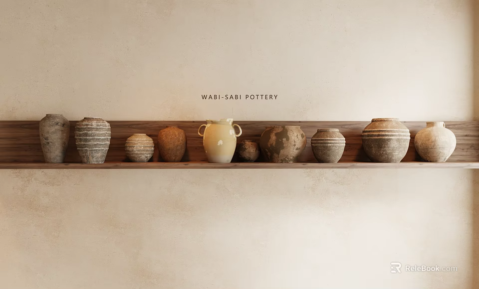 Rustic Ceramic Vessels With Various Shapes On Wooden Shelf 3d model 