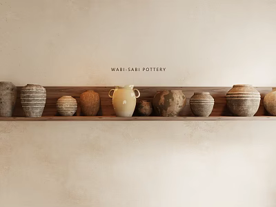 Rustic Ceramic Vessels With Various Shapes On Wooden Shelf 3d model