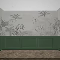 Modern Interior With Tropical Plant Wallpaper Green Paneling And Herringbone Wooden Floor