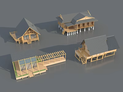 Wooden Homestay Buildings with Sloped Roofs Balconies and Stilted Structures in Architectural Models 3d model
