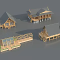 Wooden Homestay Buildings with Sloped Roofs Balconies and Stilted Structures in Architectural Models