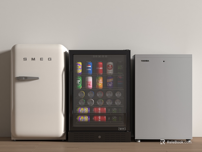 White SMEG Refrigerator And Glass Door Beverage Cooler With Canned Drinks And Silver Freezer 3d model 