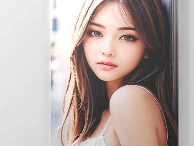 Portrait of a woman with long hair in white camisole leaning against wall with sunlit backdrop 3d model