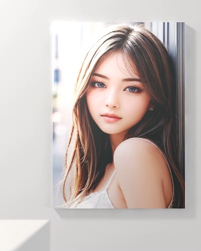 Portrait of a woman with long hair in white camisole leaning against wall with sunlit backdrop 3d model