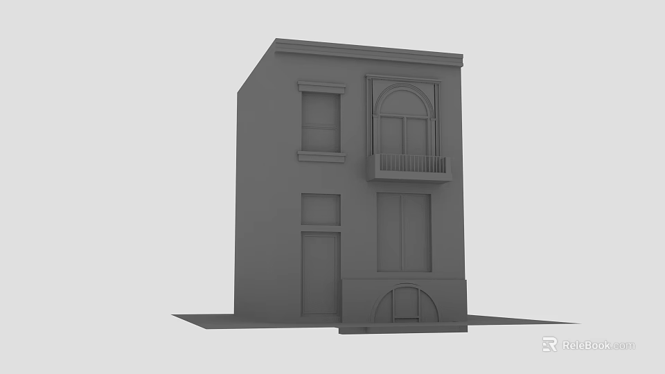 Gray Two Story Building Model With Multiple Windows Door And Balcony 3d model 