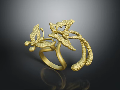 Golden Fashion Ring With Intricate Butterfly Design And Vine Branches For Elegant Style 3d model
