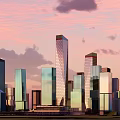 Modern Tall Office Buildings With Glass Facade And Urban Sunset Skyline