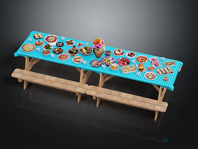 Assorted Foods Cakes Desserts and Fruits on Blue Tablecloth Long Table with Benches 3d model