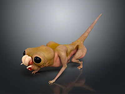 3D Yellow Pink Lizard Creature With Big Eyes Open Mouth Long Tail On Black Reflective Floor 3d model