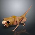 3D Yellow Pink Lizard Creature With Big Eyes Open Mouth Long Tail On Black Reflective Floor