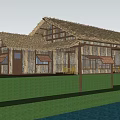 Traditional Wooden House with Thatched Roof Wooden Walls Veranda on Green Lawn by Blue Water