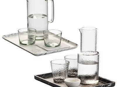 Assorted Glass Drinkware With Carafes On Marble Trays 3d model