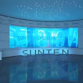 Modern High Tech Exhibition Hall With Illuminated Showcases And Digital Displays