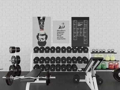 Gym Fitness Equipment Setup with Dumbbells Barbells Weight Bench and Wall Posters 3d model