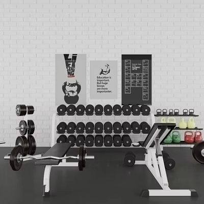 Gym Fitness Equipment Setup with Dumbbells Barbells Weight Bench and Wall Posters 3d model