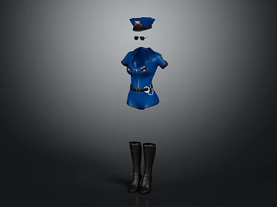 Blue Police Costume With Cap Sunglasses And Black Knee High Boots 3d model