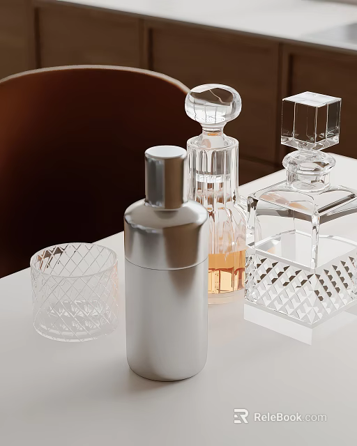 Modern Kitchen Storage With Clear Glass Containers Silver Bottles And Decorative Jars 3d model