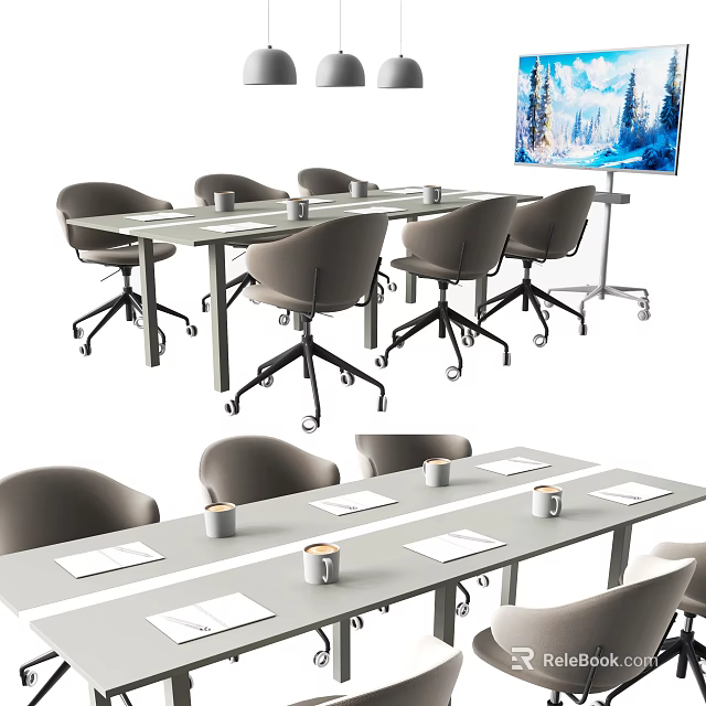Modern Meeting Room Table And Chair Set With Rolling Chairs And Tabletop Cups 3d model 