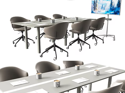 Modern Meeting Room Table And Chair Set With Rolling Chairs And Tabletop Cups 3d model