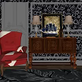 Carved Wooden Console Table With Red Armchair Table Lamps And Decorative Painting In Entryway