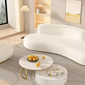 Elegant White Curved Sofa Coffee Table Set With Round Gold Frame And Fruit Magazines 3d model