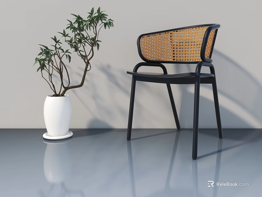 Modern Flush Door Interior With Light Grey Walls Wicker Chair And Green Plants 3d model 