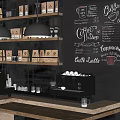 Modern Coffee Shop Interior With Wooden Counter Coffee Machines Chalkboard Menu And Hanging Lights