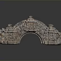 Scenic Historical Landscape With Ancient Stone Arch Carving And Detailed Figures