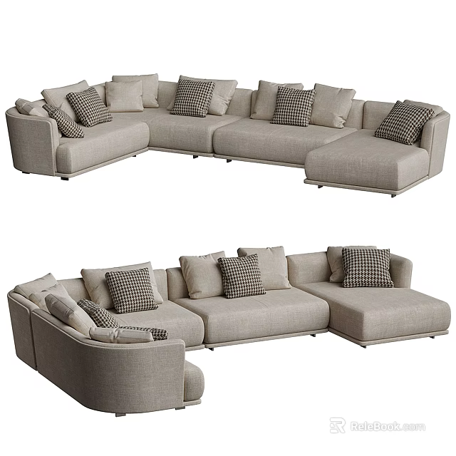 Multi Person Sectional Sofa with Checkered Pattern Pillows Light Beige Fabric Upholstery 3d model