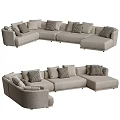 Multi Person Sectional Sofa with Checkered Pattern Pillows Light Beige Fabric Upholstery 3d model