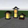 Outdoor Lantern Light Combination in Garden with Stone Pavement and Green Bushes
