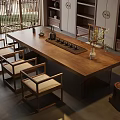 Traditional Chinese Interior With Long Wooden Table Chairs Bookshelves Screen And Vase