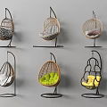 Garden Decorative Hanging Rattan Chairs With Colorful Cushions And Metal Stands