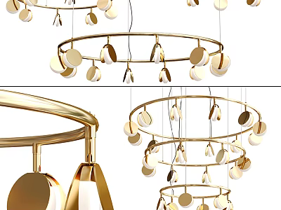 Modern Golden Circular Chandelier Design With Hanging Disc Pendants And Layered Structure 3d model