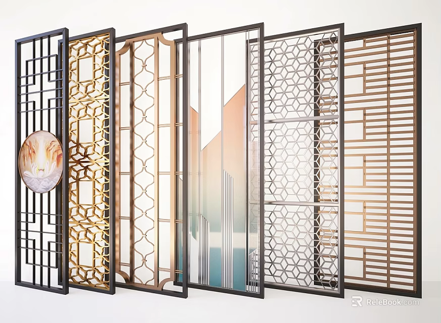 Modern Room Dividers With Various Geometric Patterns And Metal Frame Designs 3d model