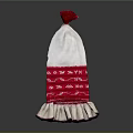 Traditional White Hat With Red Decorative Band White Patterns Bottom Fringes And Top Red Pom-Pom