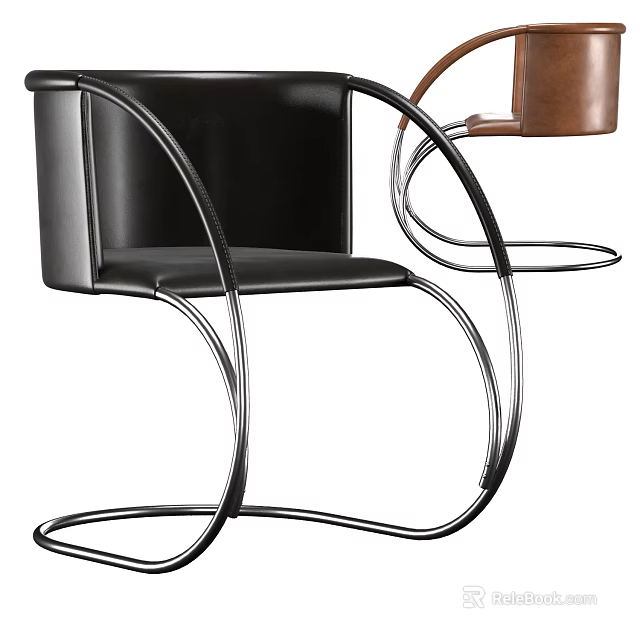 Modern Leather Accent Chair With Armrests Curved Chrome Metal Frame Black and Brown Sleek Design 3d model 