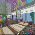 Colorful Glass Skylight Café Interior With Wooden Dining Tables And Colorful Chairs