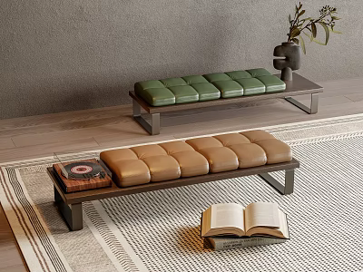 Green and Brown Ottomans with Open Book and Record on Rug by Gray Wall 3d model