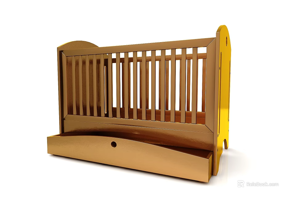 Golden Wooden Baby Crib Decorative Ornament Set With Railing And Drawer Design 3d model 