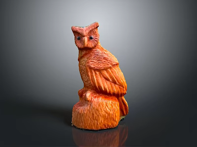 Intricately Carved Wooden Owl Statue Perched On Natural Wood Stump Base 3d model